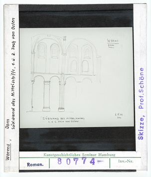 Vorschaubild Worms: Dom, Südwand des Mittelschiffs, 1. u 2. Joch von Osten, Skizze Schöne 1959 